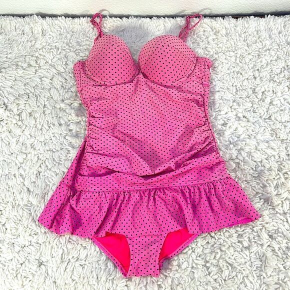 Joe Boxer Other - Joe Boxer One Piece Swimsuit Pink Polka Dot Peplum Skirted M
